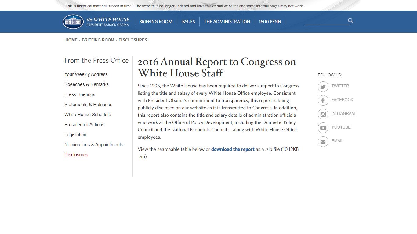 2016 Annual Report to Congress on White House Staff